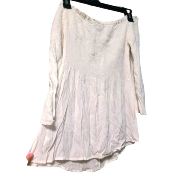 White Off-Shoulder Smocked Peasant Cottage Core Flounce Long Sleeve Crepe Top - Picture 11 of 11